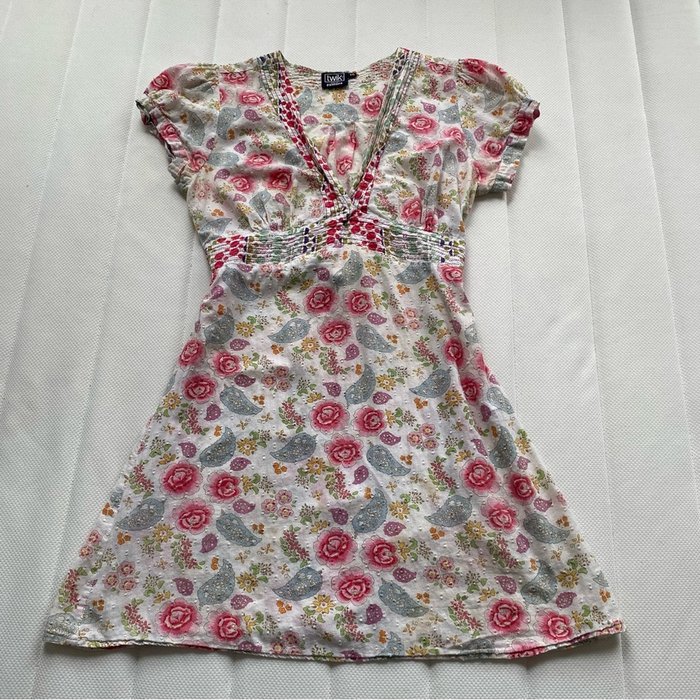 twik White Dress with Pink Rose and Blue Paisley Print